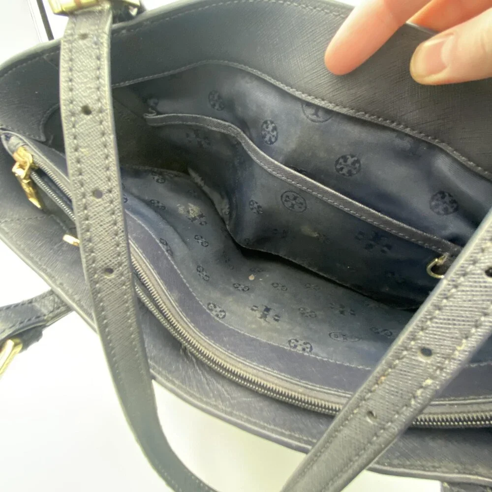 Tory Burch Tote Bag Womens Large Black Leather Shoulder Purse Blue Lining